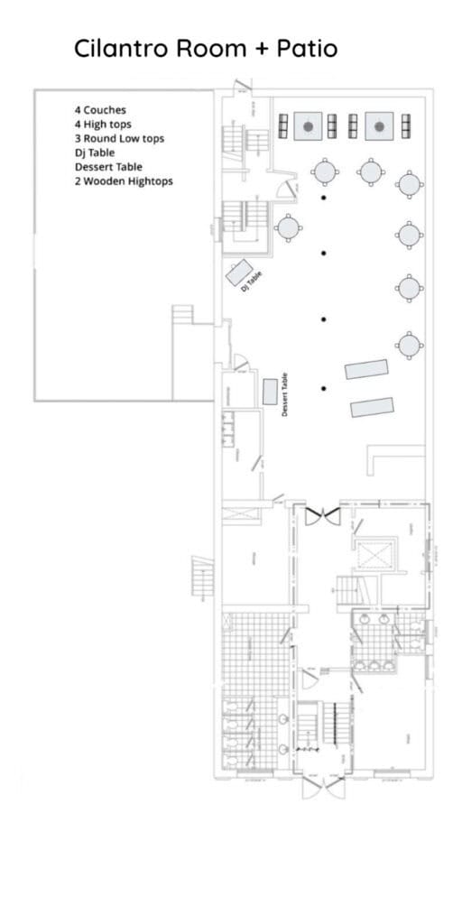 A black and white architectural floor plan of the Cilantro Room and Patio. The layout shows an indoor bar and DJ area connected to a large outdoor patio space featuring several round tables, high-top seating, and lounge couches.
