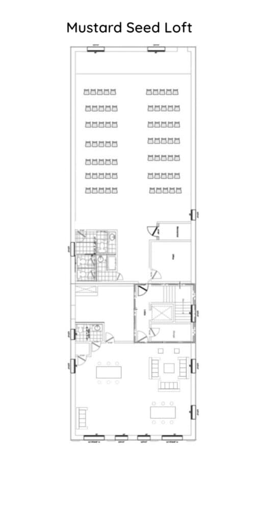 A black and white architectural floor plan of the Mustard Seed Loft. The drawing illustrates a long room with rows of chairs in the top half, a lounge area with sofas at the bottom, and central facilities including restrooms and an elevator.