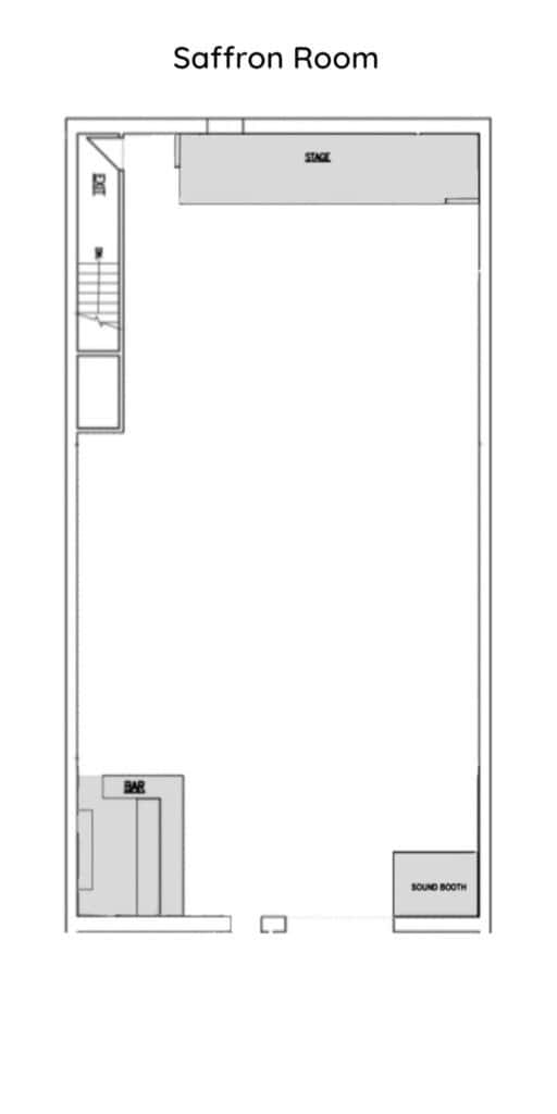 A black and white architectural floor plan of the Saffron Room. The rectangular layout includes a stage at the top, a sound booth in the bottom right corner, and a bar area in the bottom left, with a central open space for attendees.