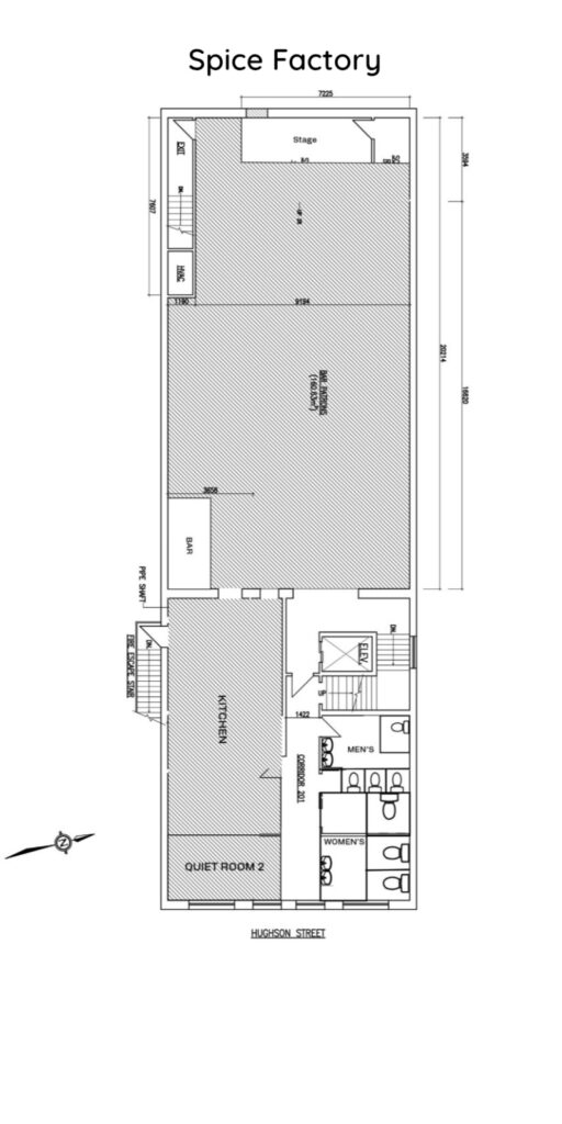 A black and white architectural floor plan of the Spice Factory venue. The diagram shows the layout of Spice Factory's main hall, stage, bar area, kitchen, and restrooms, with various measurements and room labels indicated in clear technical text.